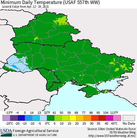 Ukraine, Moldova and Belarus Minimum Daily Temperature (USAF 557th WW) Thematic Map For 4/12/2021 - 4/18/2021