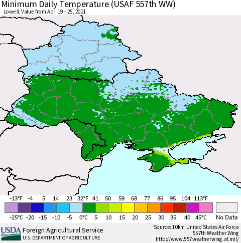 Ukraine, Moldova and Belarus Minimum Daily Temperature (USAF 557th WW) Thematic Map For 4/19/2021 - 4/25/2021