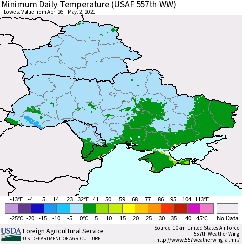 Ukraine, Moldova and Belarus Minimum Daily Temperature (USAF 557th WW) Thematic Map For 4/26/2021 - 5/2/2021