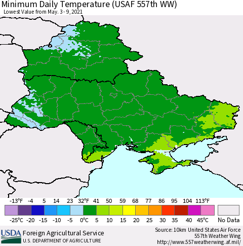 Ukraine, Moldova and Belarus Minimum Daily Temperature (USAF 557th WW) Thematic Map For 5/3/2021 - 5/9/2021