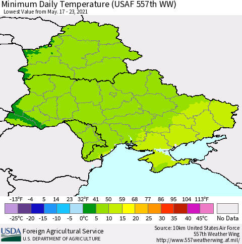 Ukraine, Moldova and Belarus Minimum Daily Temperature (USAF 557th WW) Thematic Map For 5/17/2021 - 5/23/2021