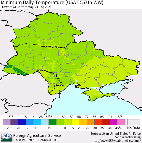 Ukraine, Moldova and Belarus Extreme Minimum Temperature (USAF 557th WW) Thematic Map For 5/24/2021 - 5/30/2021