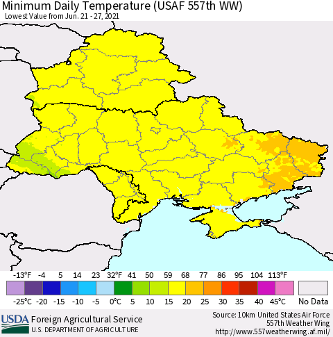 Ukraine, Moldova and Belarus Extreme Minimum Temperature (USAF 557th WW) Thematic Map For 6/21/2021 - 6/27/2021