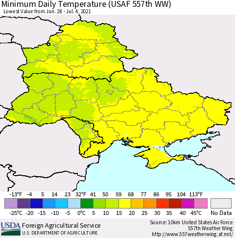 Ukraine, Moldova and Belarus Minimum Daily Temperature (USAF 557th WW) Thematic Map For 6/28/2021 - 7/4/2021