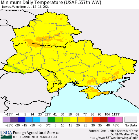 Ukraine, Moldova and Belarus Minimum Daily Temperature (USAF 557th WW) Thematic Map For 7/12/2021 - 7/18/2021