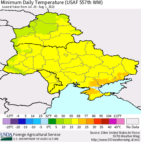 Ukraine, Moldova and Belarus Extreme Minimum Temperature (USAF 557th WW) Thematic Map For 7/26/2021 - 8/1/2021