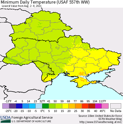 Ukraine, Moldova and Belarus Minimum Daily Temperature (USAF 557th WW) Thematic Map For 8/2/2021 - 8/8/2021