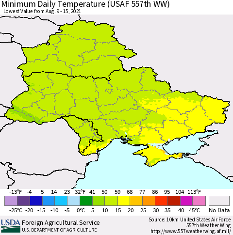 Ukraine, Moldova and Belarus Minimum Daily Temperature (USAF 557th WW) Thematic Map For 8/9/2021 - 8/15/2021