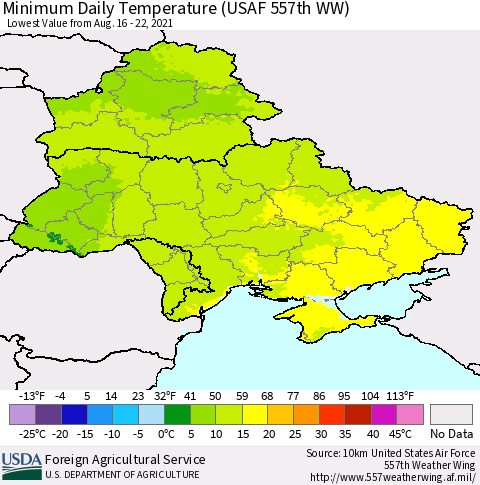 Ukraine, Moldova and Belarus Minimum Daily Temperature (USAF 557th WW) Thematic Map For 8/16/2021 - 8/22/2021