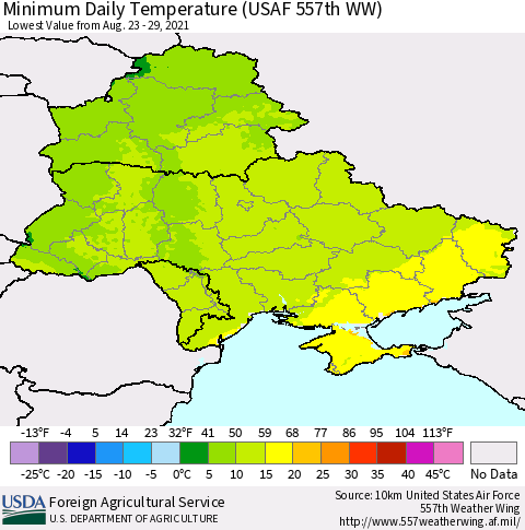 Ukraine, Moldova and Belarus Minimum Daily Temperature (USAF 557th WW) Thematic Map For 8/23/2021 - 8/29/2021