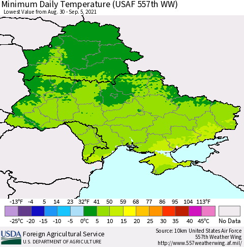 Ukraine, Moldova and Belarus Minimum Daily Temperature (USAF 557th WW) Thematic Map For 8/30/2021 - 9/5/2021