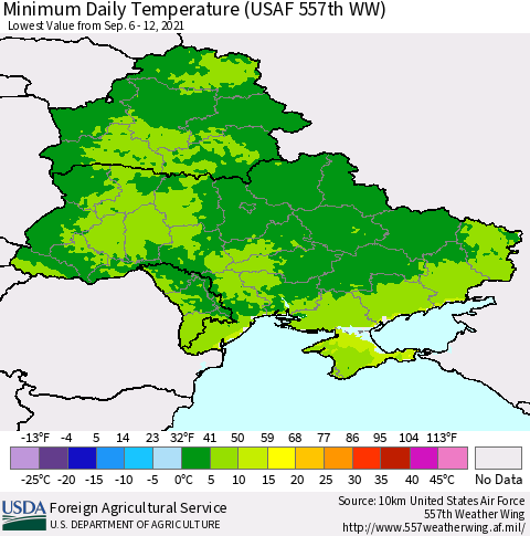 Ukraine, Moldova and Belarus Minimum Daily Temperature (USAF 557th WW) Thematic Map For 9/6/2021 - 9/12/2021