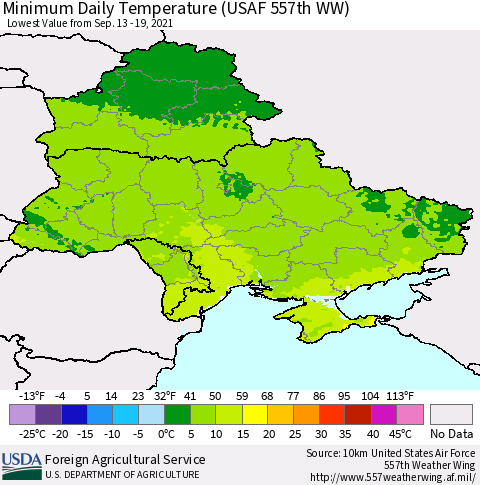 Ukraine, Moldova and Belarus Minimum Daily Temperature (USAF 557th WW) Thematic Map For 9/13/2021 - 9/19/2021
