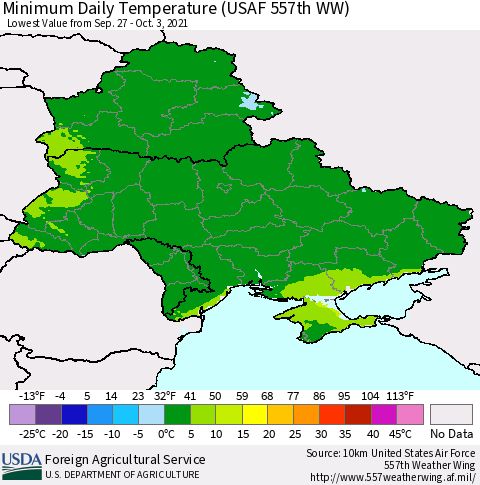 Ukraine, Moldova and Belarus Extreme Minimum Temperature (USAF 557th WW) Thematic Map For 9/27/2021 - 10/3/2021