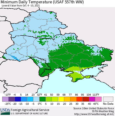 Ukraine, Moldova and Belarus Minimum Daily Temperature (USAF 557th WW) Thematic Map For 10/4/2021 - 10/10/2021