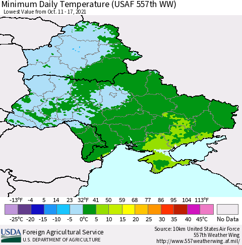 Ukraine, Moldova and Belarus Minimum Daily Temperature (USAF 557th WW) Thematic Map For 10/11/2021 - 10/17/2021