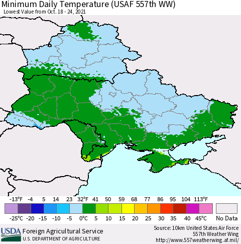 Ukraine, Moldova and Belarus Minimum Daily Temperature (USAF 557th WW) Thematic Map For 10/18/2021 - 10/24/2021