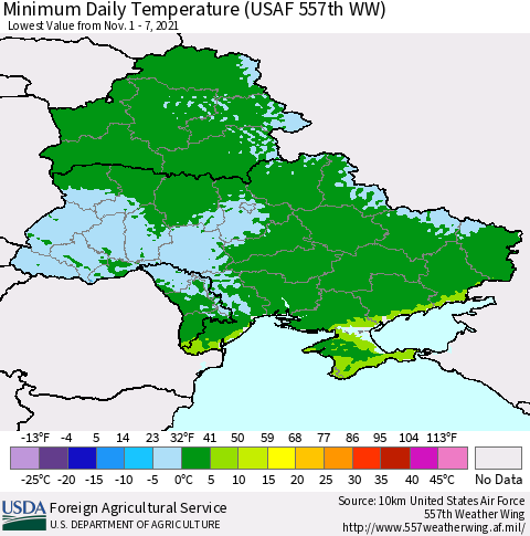 Ukraine, Moldova and Belarus Extreme Minimum Temperature (USAF 557th WW) Thematic Map For 11/1/2021 - 11/7/2021