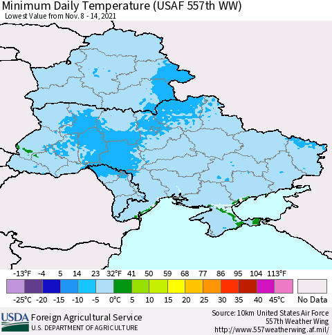 Ukraine, Moldova and Belarus Minimum Daily Temperature (USAF 557th WW) Thematic Map For 11/8/2021 - 11/14/2021