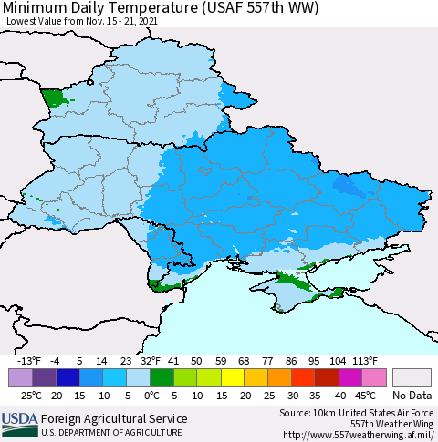 Ukraine, Moldova and Belarus Minimum Daily Temperature (USAF 557th WW) Thematic Map For 11/15/2021 - 11/21/2021