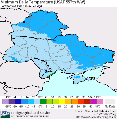 Ukraine, Moldova and Belarus Minimum Daily Temperature (USAF 557th WW) Thematic Map For 11/22/2021 - 11/28/2021