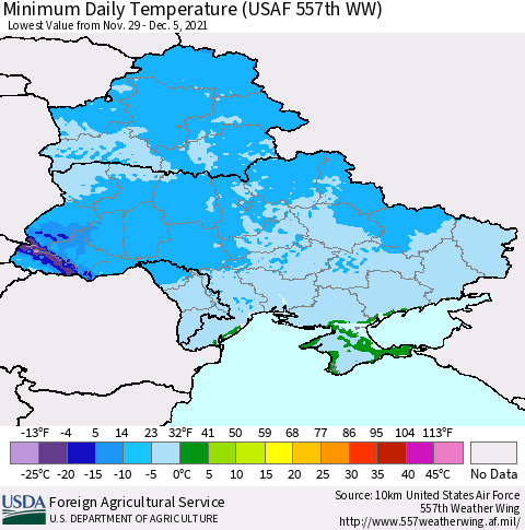 Ukraine, Moldova and Belarus Extreme Minimum Temperature (USAF 557th WW) Thematic Map For 11/29/2021 - 12/5/2021