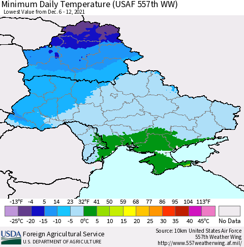Ukraine, Moldova and Belarus Minimum Daily Temperature (USAF 557th WW) Thematic Map For 12/6/2021 - 12/12/2021