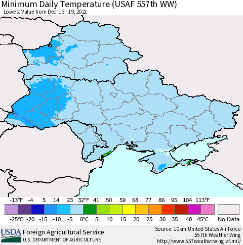 Ukraine, Moldova and Belarus Minimum Daily Temperature (USAF 557th WW) Thematic Map For 12/13/2021 - 12/19/2021