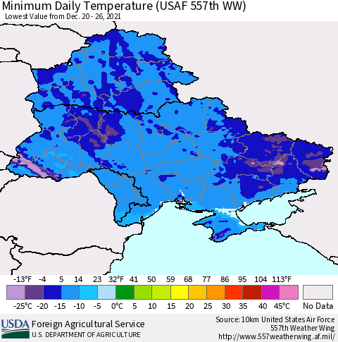 Ukraine, Moldova and Belarus Minimum Daily Temperature (USAF 557th WW) Thematic Map For 12/20/2021 - 12/26/2021