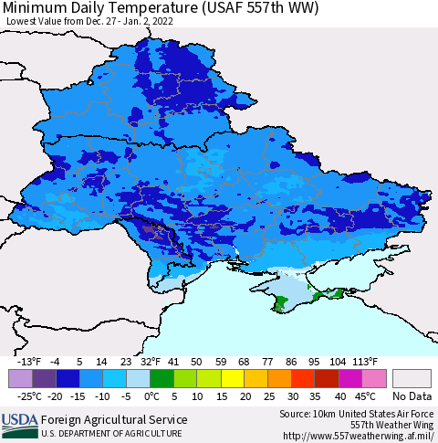 Ukraine, Moldova and Belarus Minimum Daily Temperature (USAF 557th WW) Thematic Map For 12/27/2021 - 1/2/2022