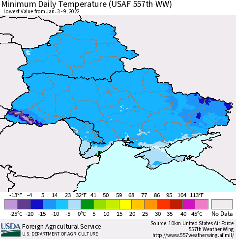 Ukraine, Moldova and Belarus Minimum Daily Temperature (USAF 557th WW) Thematic Map For 1/3/2022 - 1/9/2022