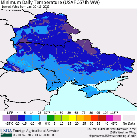 Ukraine, Moldova and Belarus Minimum Daily Temperature (USAF 557th WW) Thematic Map For 1/10/2022 - 1/16/2022