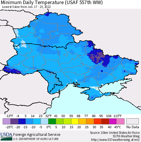 Ukraine, Moldova and Belarus Minimum Daily Temperature (USAF 557th WW) Thematic Map For 1/17/2022 - 1/23/2022