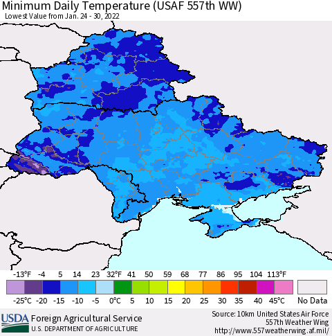 Ukraine, Moldova and Belarus Minimum Daily Temperature (USAF 557th WW) Thematic Map For 1/24/2022 - 1/30/2022