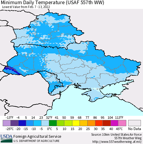 Ukraine, Moldova and Belarus Minimum Daily Temperature (USAF 557th WW) Thematic Map For 2/7/2022 - 2/13/2022