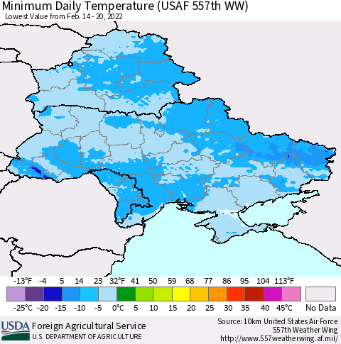 Ukraine, Moldova and Belarus Minimum Daily Temperature (USAF 557th WW) Thematic Map For 2/14/2022 - 2/20/2022