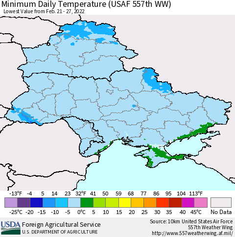 Ukraine, Moldova and Belarus Minimum Daily Temperature (USAF 557th WW) Thematic Map For 2/21/2022 - 2/27/2022