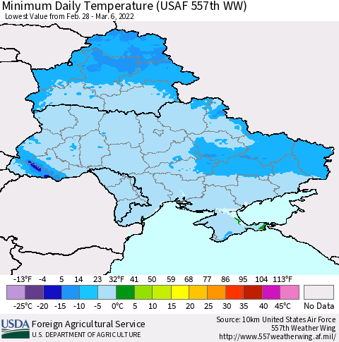 Ukraine, Moldova and Belarus Minimum Daily Temperature (USAF 557th WW) Thematic Map For 2/28/2022 - 3/6/2022