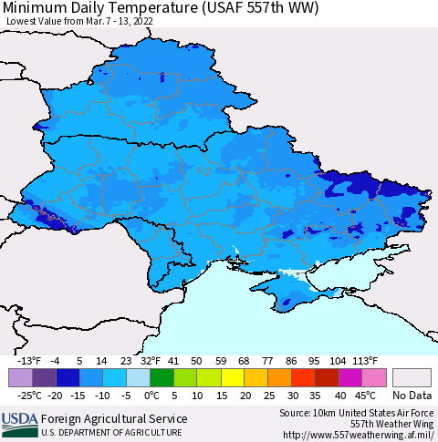 Ukraine, Moldova and Belarus Minimum Daily Temperature (USAF 557th WW) Thematic Map For 3/7/2022 - 3/13/2022