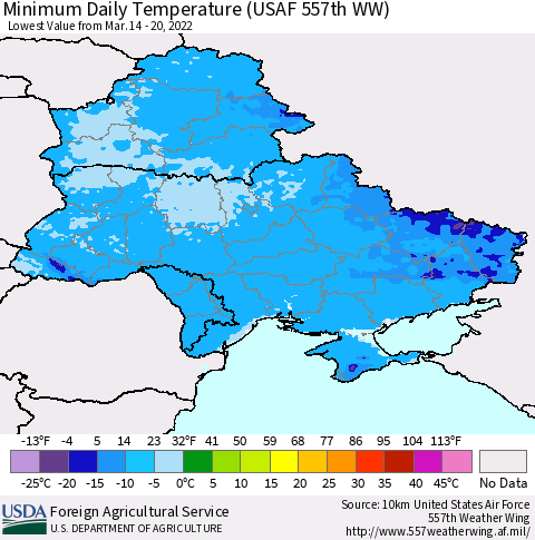 Ukraine, Moldova and Belarus Minimum Daily Temperature (USAF 557th WW) Thematic Map For 3/14/2022 - 3/20/2022