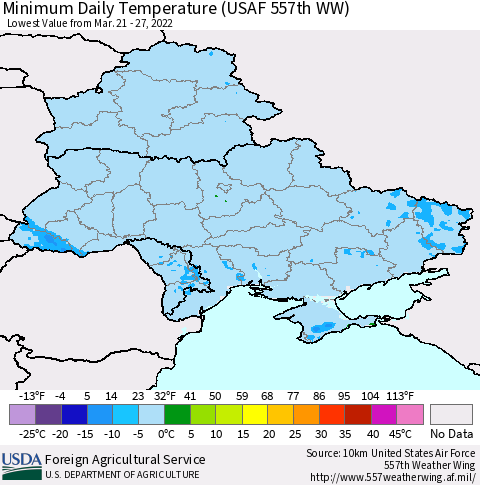 Ukraine, Moldova and Belarus Minimum Daily Temperature (USAF 557th WW) Thematic Map For 3/21/2022 - 3/27/2022