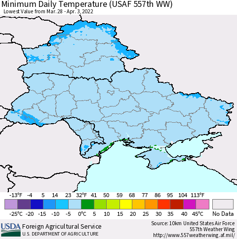 Ukraine, Moldova and Belarus Minimum Daily Temperature (USAF 557th WW) Thematic Map For 3/28/2022 - 4/3/2022