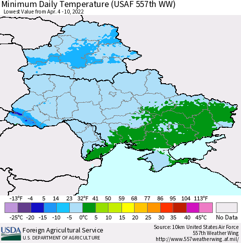 Ukraine, Moldova and Belarus Minimum Daily Temperature (USAF 557th WW) Thematic Map For 4/4/2022 - 4/10/2022