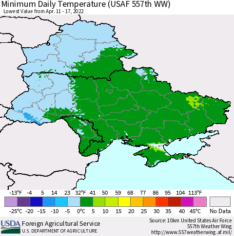 Ukraine, Moldova and Belarus Minimum Daily Temperature (USAF 557th WW) Thematic Map For 4/11/2022 - 4/17/2022
