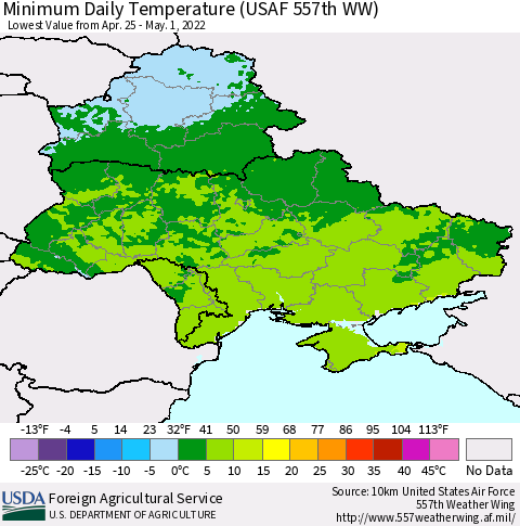 Ukraine, Moldova and Belarus Extreme Minimum Temperature (USAF 557th WW) Thematic Map For 4/25/2022 - 5/1/2022