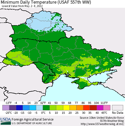 Ukraine, Moldova and Belarus Minimum Daily Temperature (USAF 557th WW) Thematic Map For 5/2/2022 - 5/8/2022