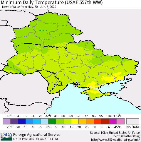 Ukraine, Moldova and Belarus Minimum Daily Temperature (USAF 557th WW) Thematic Map For 5/30/2022 - 6/5/2022