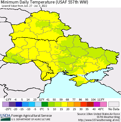 Ukraine, Moldova and Belarus Minimum Daily Temperature (USAF 557th WW) Thematic Map For 6/27/2022 - 7/3/2022