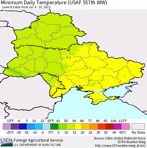 Ukraine, Moldova and Belarus Minimum Daily Temperature (USAF 557th WW) Thematic Map For 7/4/2022 - 7/10/2022