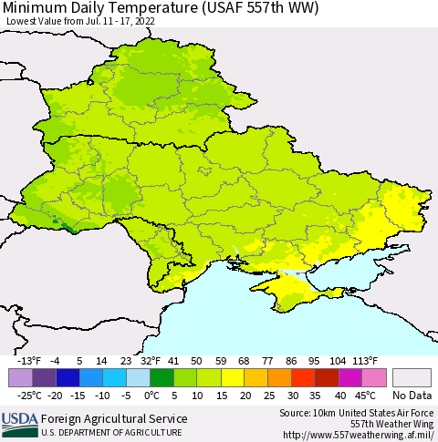 Ukraine, Moldova and Belarus Minimum Daily Temperature (USAF 557th WW) Thematic Map For 7/11/2022 - 7/17/2022